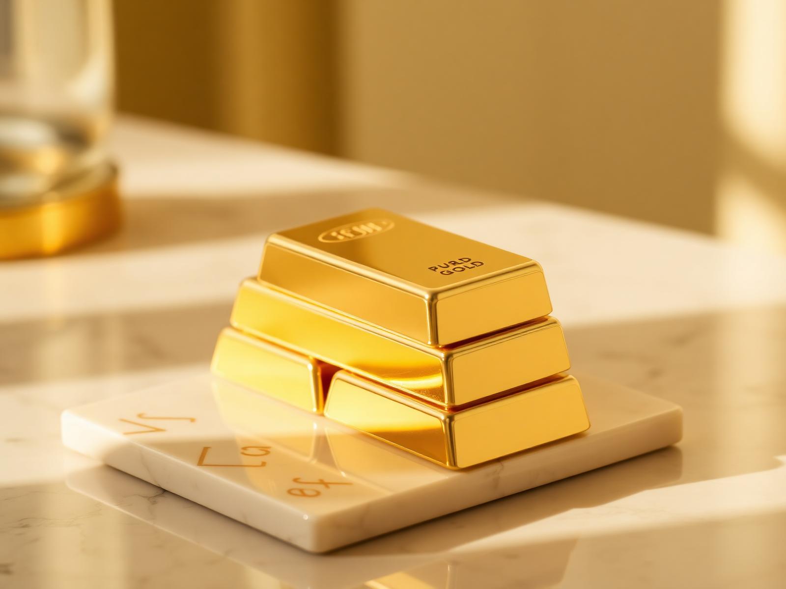 Stacked fine gold bars on marble